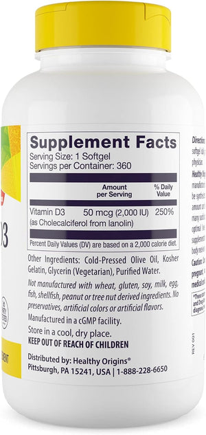 Vitamina D3 2.000ui Healthy Origins - 360 Cápsulas Gelatinosas (softgels)